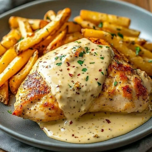 Chicken Breast 250g, mustard creamy sauce, with french fries and salad